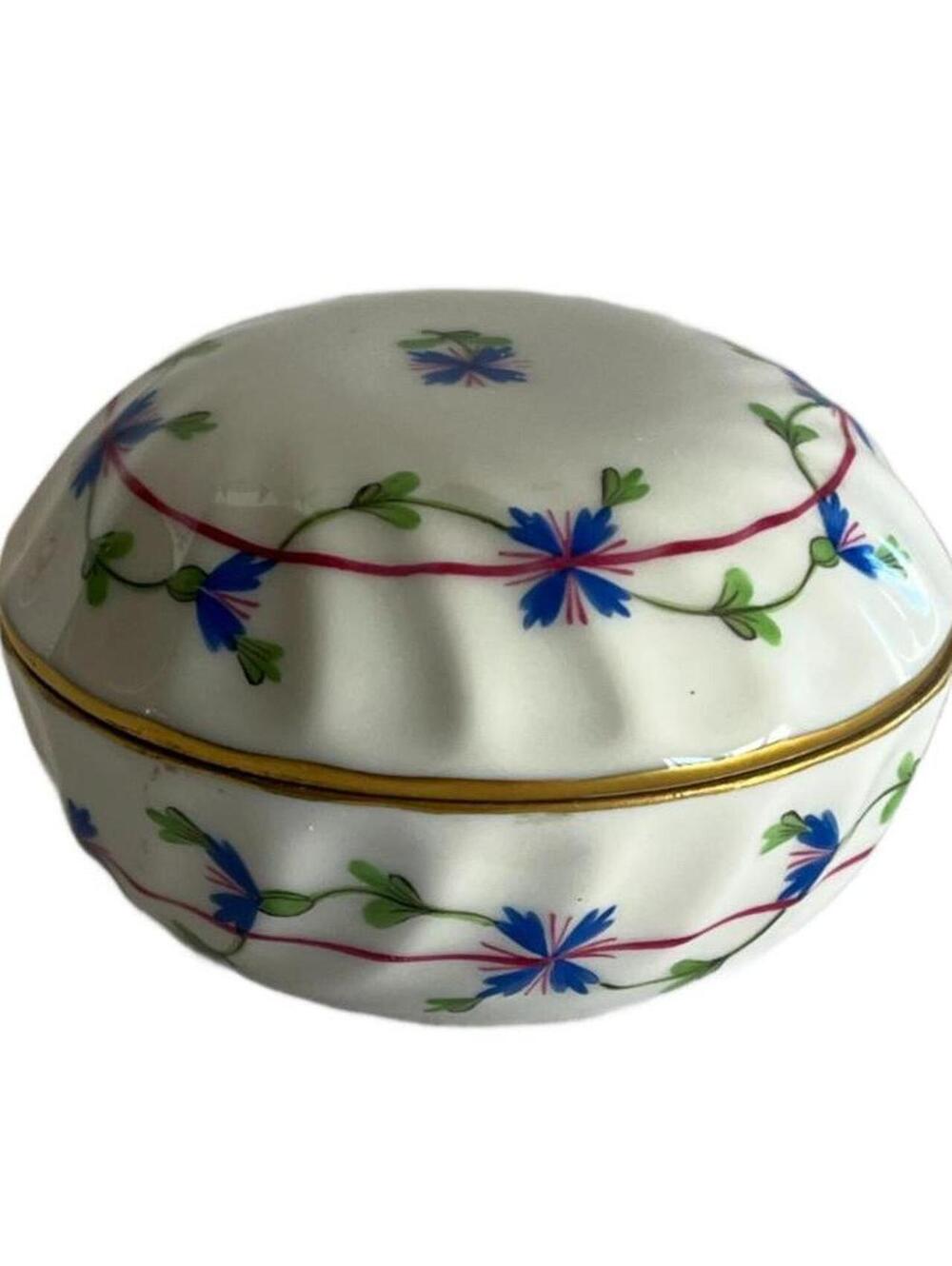 Vintage Herend Trinket Ring Box Bonbonniere Round Blue Garland Timeless Floral